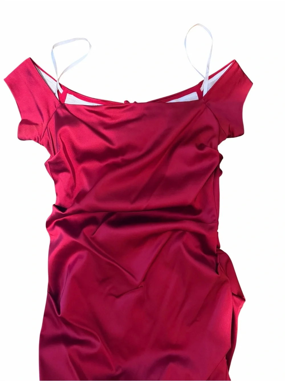 Betsy & Adam Satin Off-Shoulder Mini Dress in Wine Red